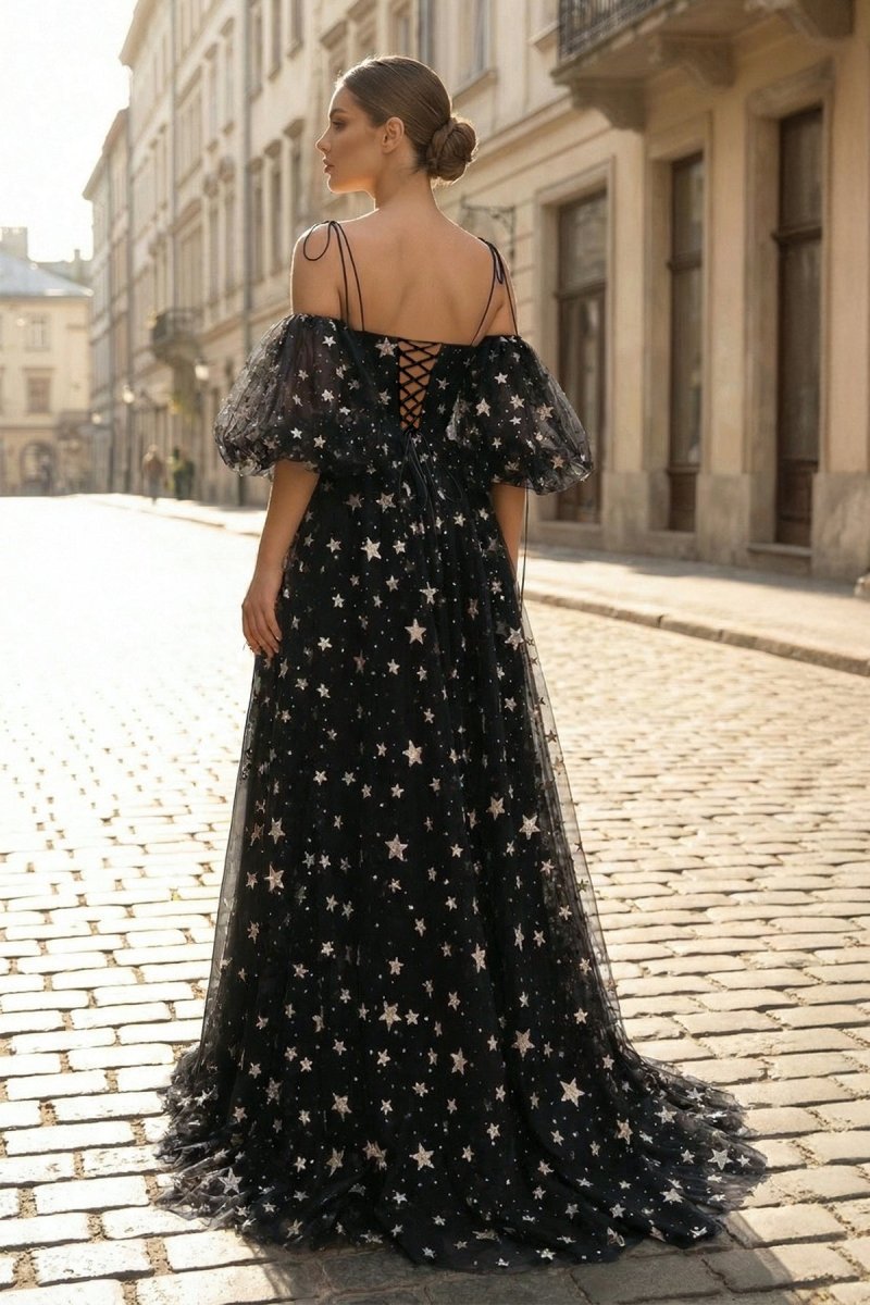 Side Slit Black Prom Dress with Stars - Curvevia