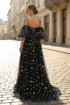 Side Slit Black Prom Dress with Stars - Curvevia