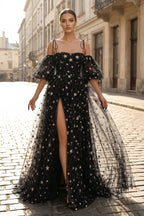 Side Slit Black Prom Dress with Stars - Curvevia