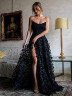 A-Line Strapless 3D Flowers Black Long Prom Dresses with Slit - Curvevia