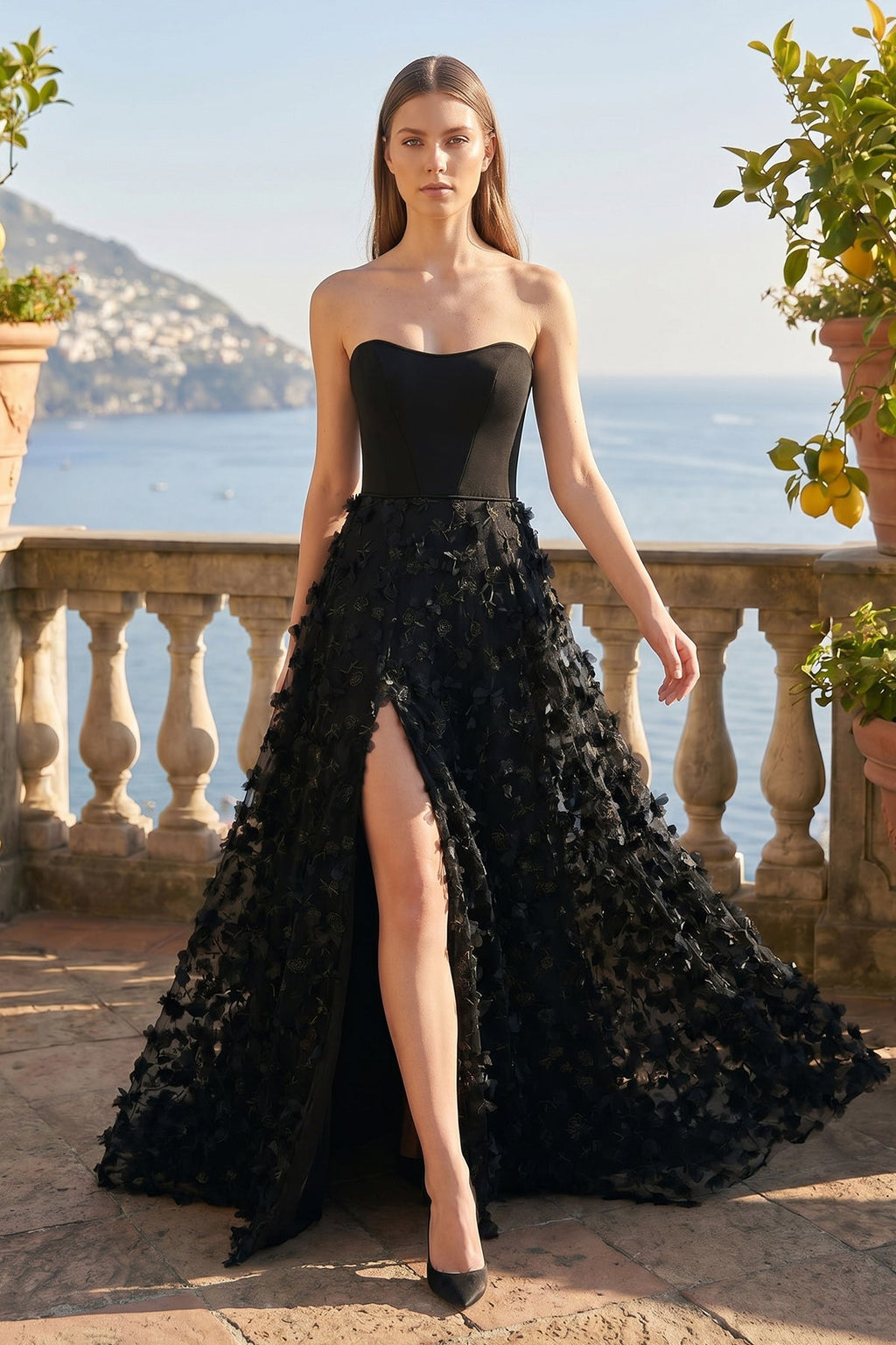 A-Line Strapless 3D Flowers Black Long Prom Dresses with Slit - Curvevia