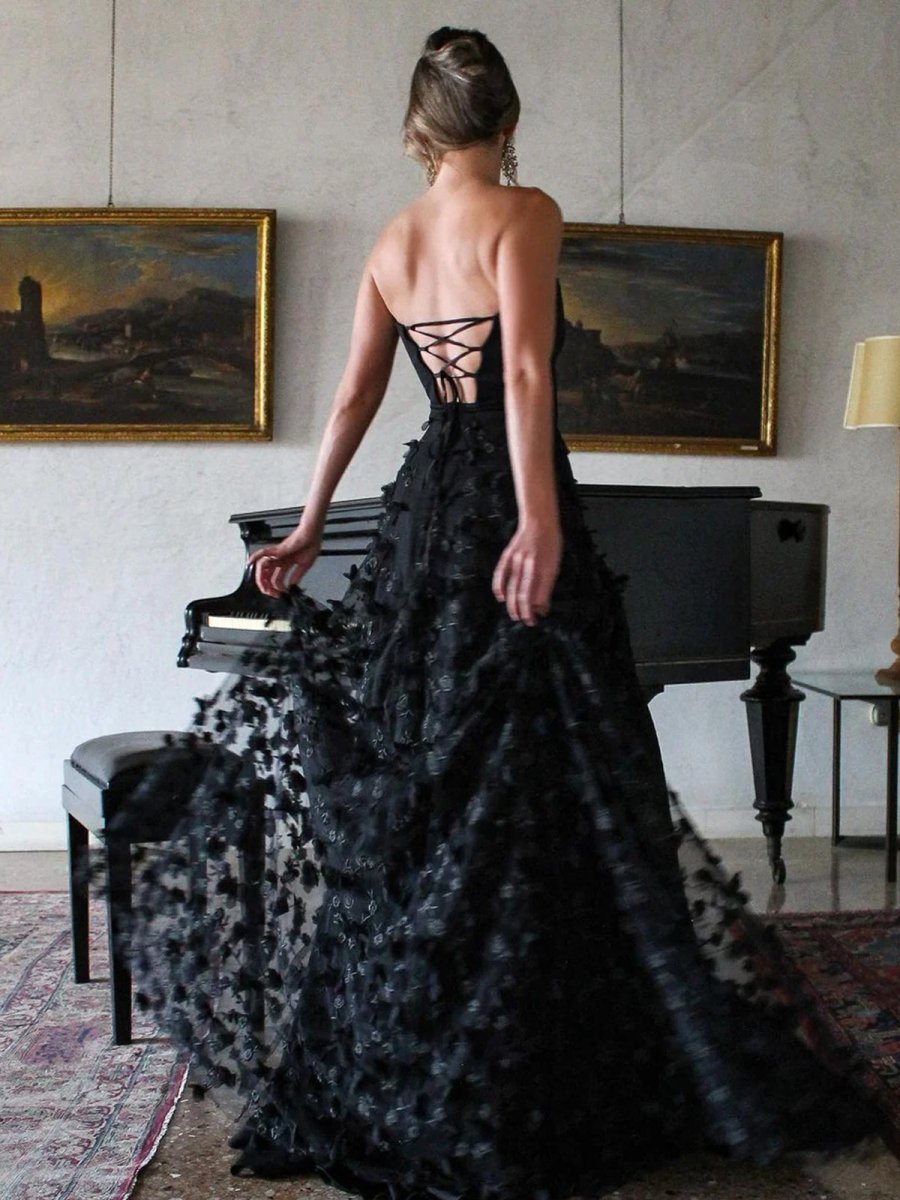 A-Line Strapless 3D Flowers Black Long Prom Dresses with Slit - Curvevia