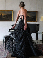 A-Line Strapless 3D Flowers Black Long Prom Dresses with Slit - Curvevia