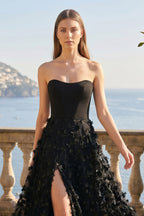 A-Line Strapless 3D Flowers Black Long Prom Dresses with Slit - Curvevia