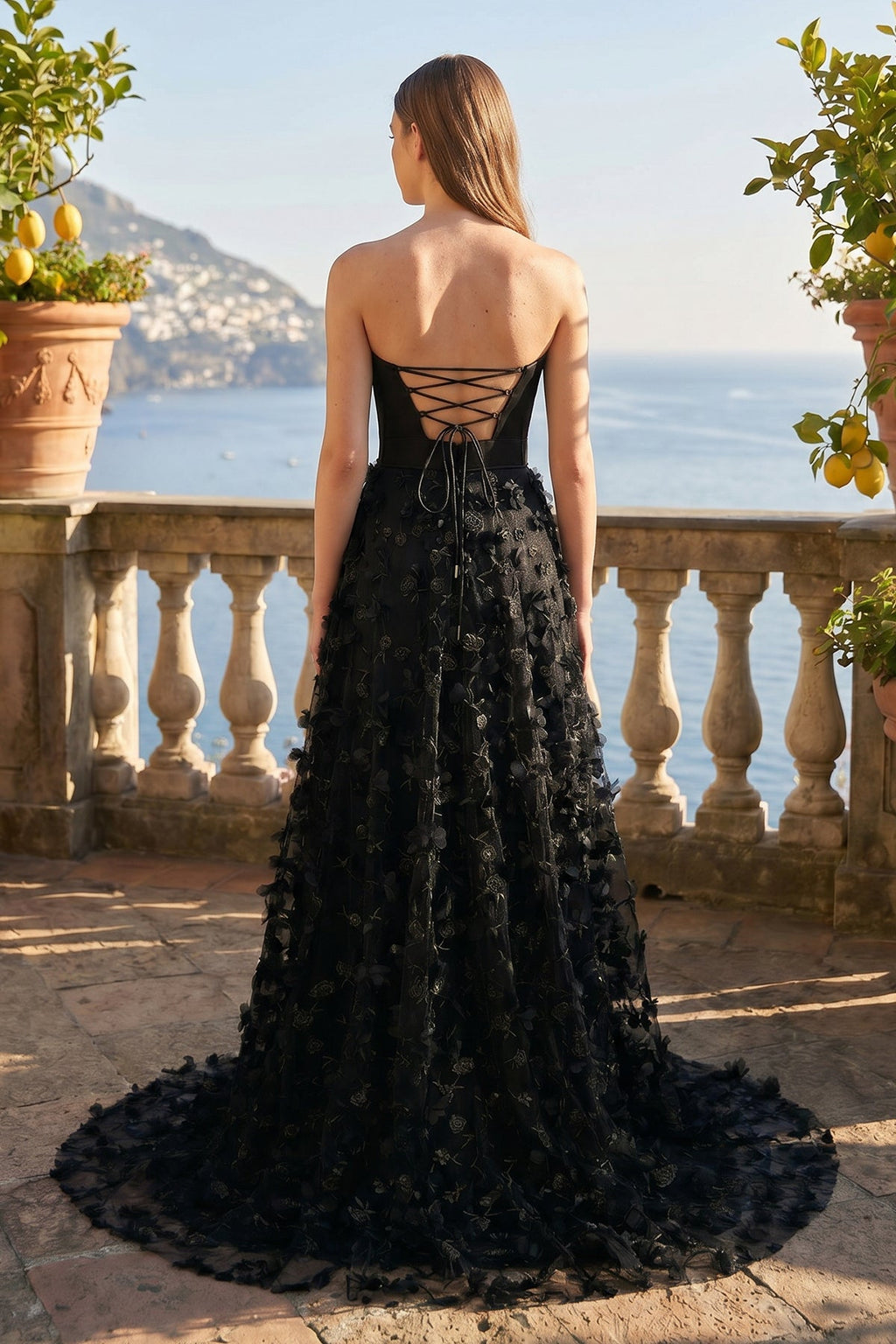 A-Line Strapless 3D Flowers Black Long Prom Dresses with Slit - Curvevia