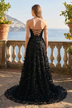 A-Line Strapless 3D Flowers Black Long Prom Dresses with Slit - Curvevia