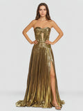 Sweetheart Metallic Pleated Long Evening Dress With Slit - Curvevia