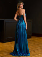 Sweetheart Metallic Pleated Long Evening Dress With Slit - Curvevia