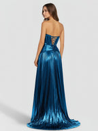 Sweetheart Metallic Pleated Long Evening Dress With Slit - Curvevia