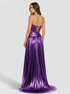 Sweetheart Metallic Pleated Long Evening Dress With Slit - Curvevia