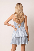 Black Spaghetti Straps A Line Metallic Pleated Short Wedding Guest Dress With Beading - Curvevia