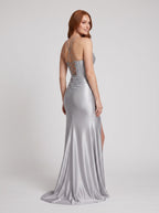 Silver Satin column V-Neck Lace-up Floor-Length Dress with Beaded Neckline & Slit - Curvevia