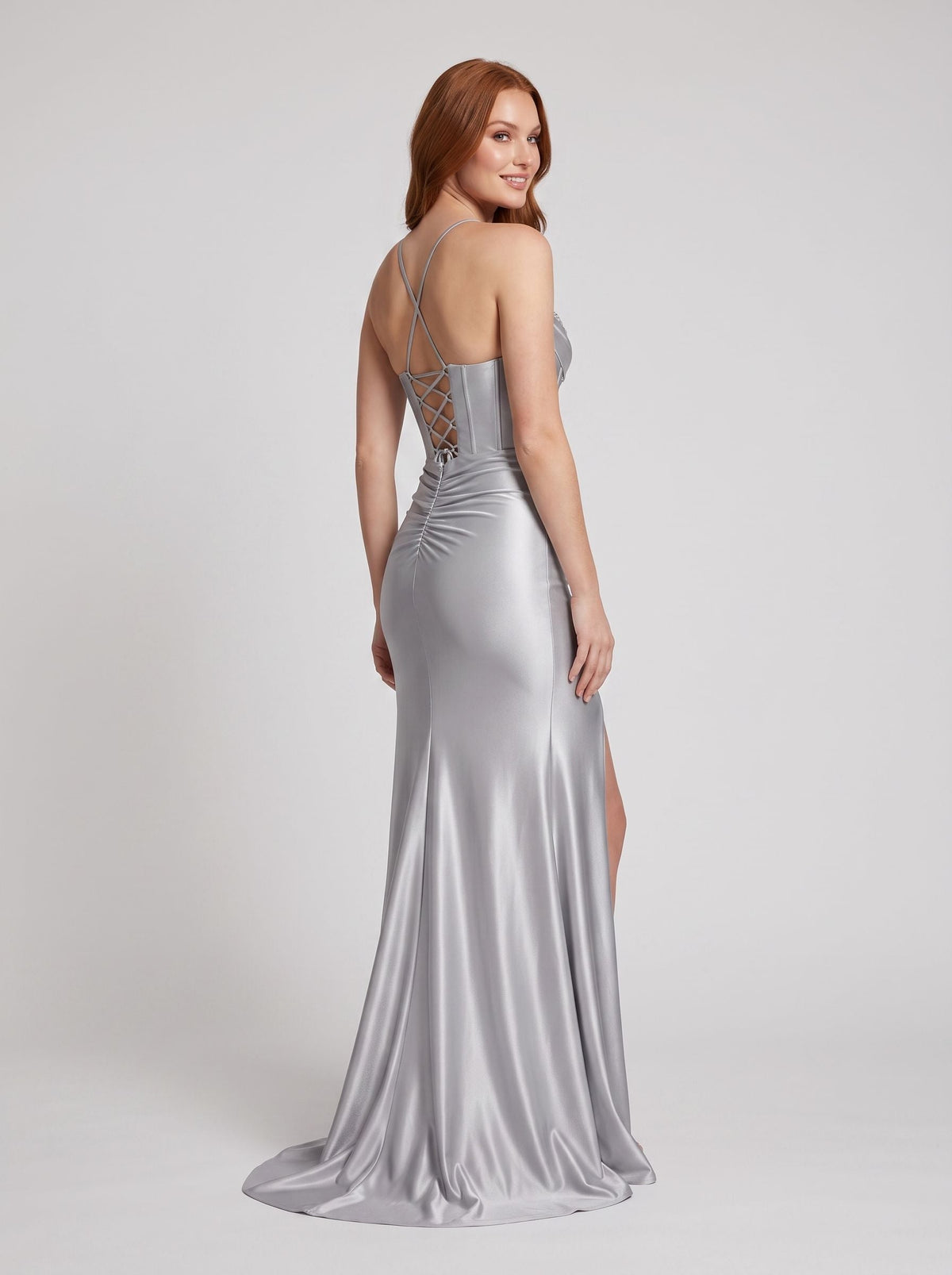Silver Satin column V-Neck Lace-up Floor-Length Dress with Beaded Neckline & Slit - Curvevia