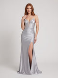 Silver Satin column V-Neck Lace-up Floor-Length Dress with Beaded Neckline & Slit - Curvevia