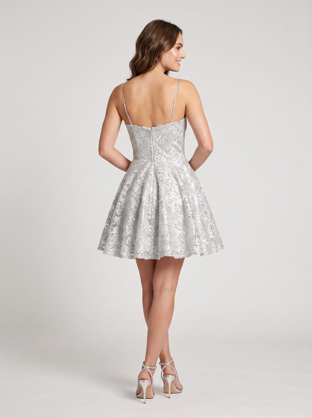 Grey Lace A-Line Scoop Neck Back Zip Short Dress with Scalloped Hem - Curvevia