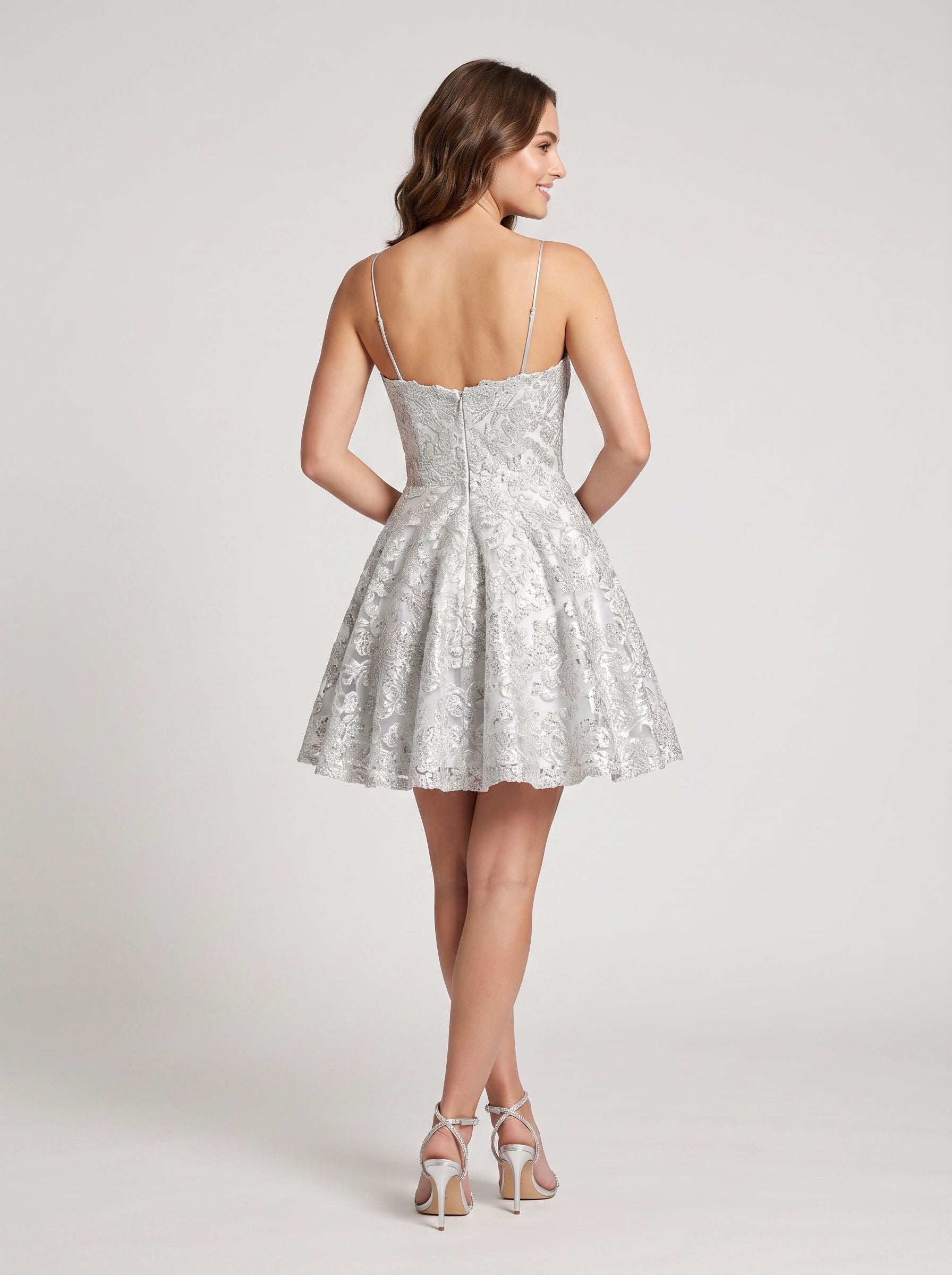 Grey Lace A-Line Scoop Neck Back Zip Short Dress with Scalloped Hem - Curvevia