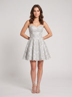 Grey Lace A-Line Scoop Neck Back Zip Short Dress with Scalloped Hem - Curvevia
