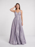 Purple Sequins A-Line V-Neck Back Zip Floor-Length Dress with Banded Waist - Curvevia