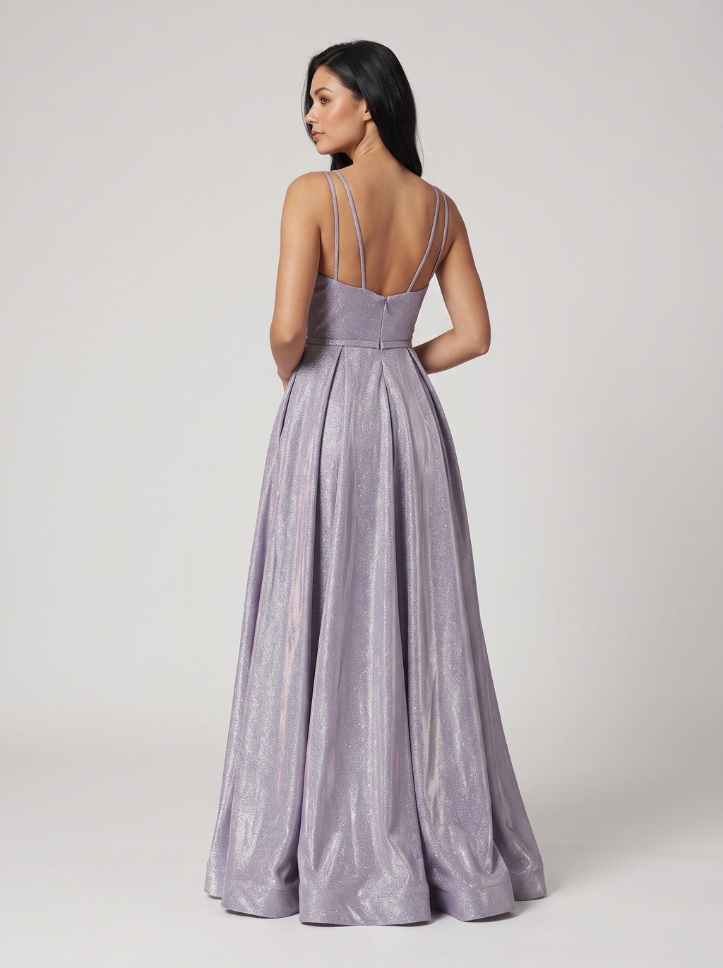 Purple Sequins A-Line V-Neck Back Zip Floor-Length Dress with Banded Waist - Curvevia