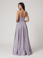 Purple Sequins A-Line V-Neck Back Zip Floor-Length Dress with Banded Waist - Curvevia