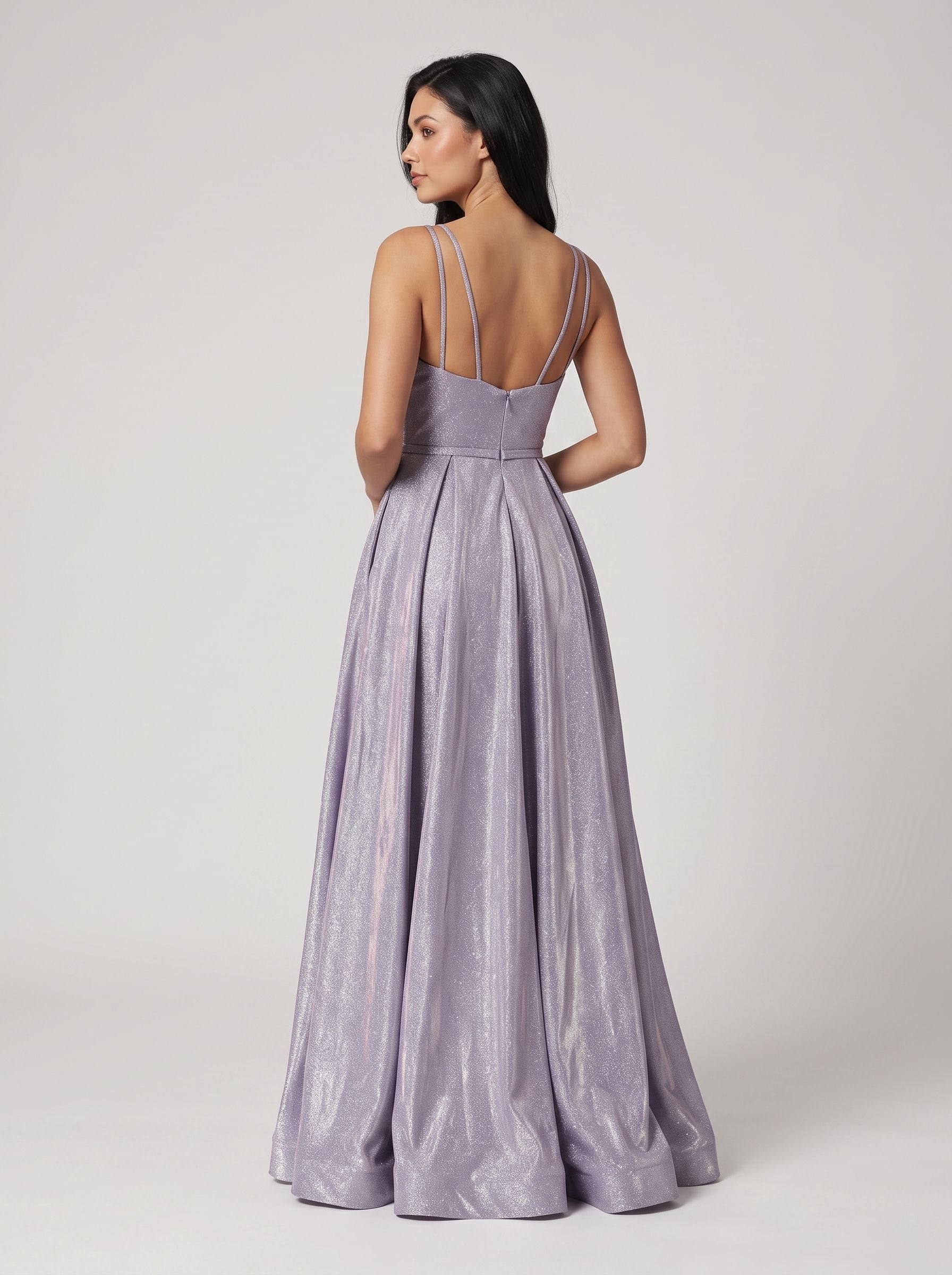 Purple Sequins A-Line V-Neck Back Zip Floor-Length Dress with Banded Waist - Curvevia