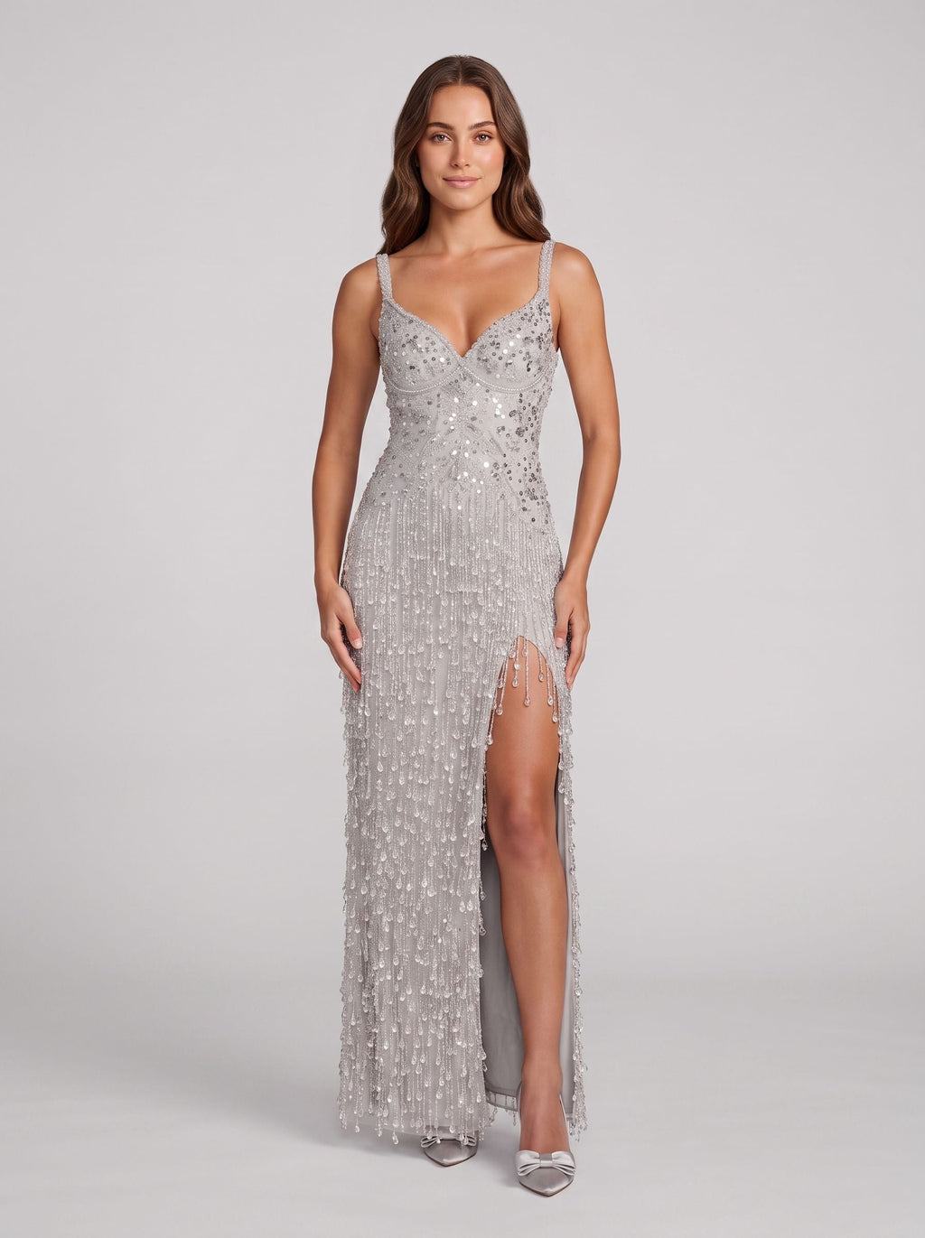Silver Mesh column V-Neck V-Back Floor-Length Dress with Beaded Fringe - Curvevia