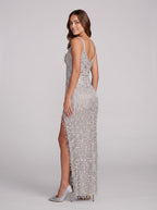 Silver Mesh column V-Neck V-Back Floor-Length Dress with Beaded Fringe - Curvevia