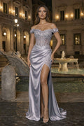 Burgundy Off The Shoulder Mermaid Beaded Satin Long Prom Dresses With Appliques - Curvevia