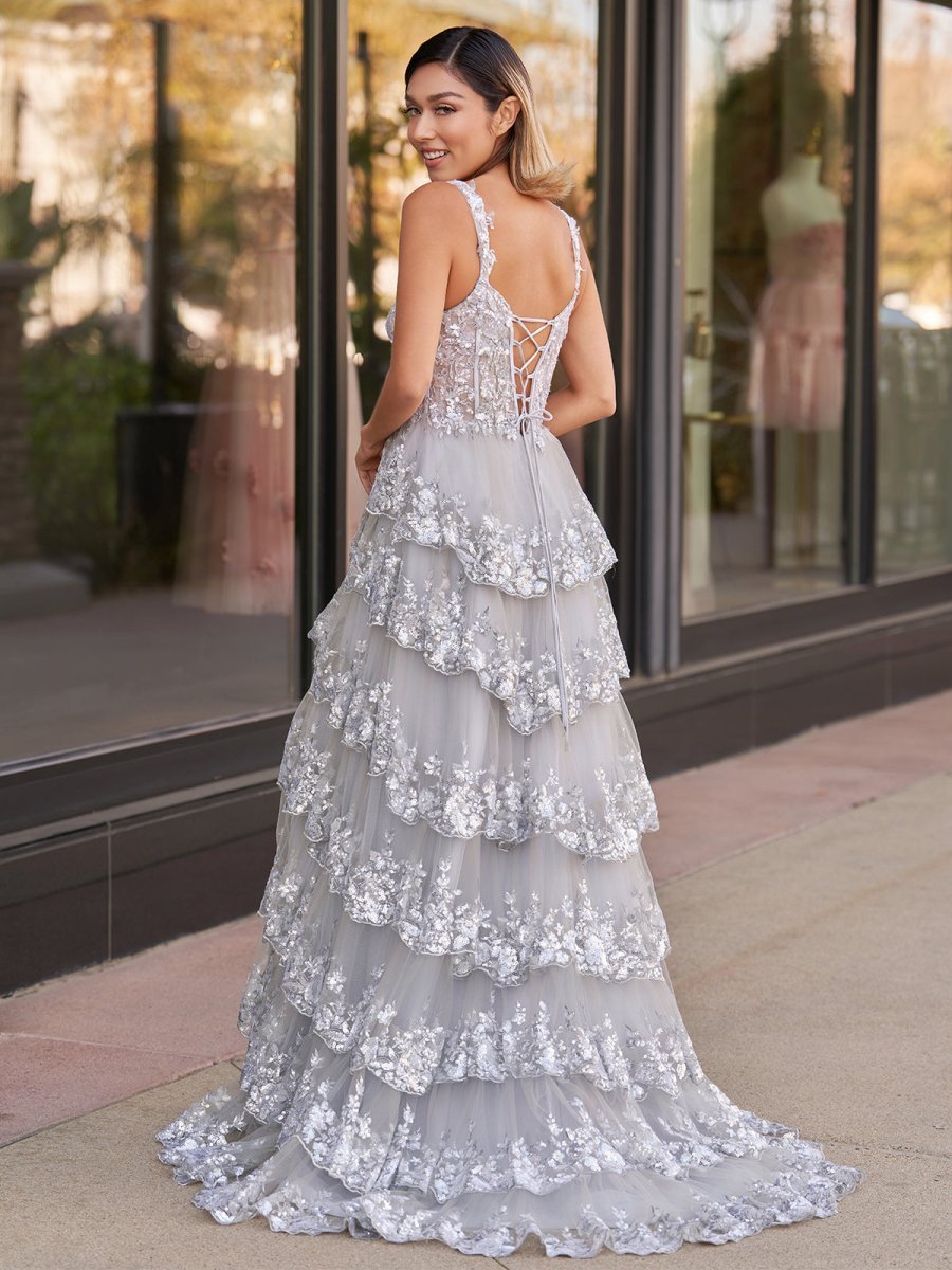 A-Line Lace Off-the-Shoulder Tiered Long Prom Dress with Slit - Curvevia