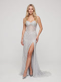 Silver Satin Mermaid V-Neck Lace-up Floor-Length Dress with Beaded Bodice - Curvevia