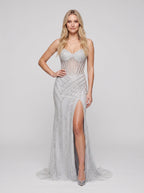 Silver Satin Mermaid V-Neck Lace-up Floor-Length Dress with Beaded Bodice - Curvevia