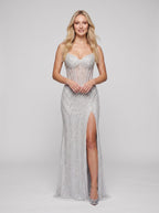Silver Satin Mermaid V-Neck Lace-up Floor-Length Dress with Beaded Bodice - Curvevia