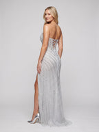 Silver Satin Mermaid V-Neck Lace-up Floor-Length Dress with Beaded Bodice - Curvevia