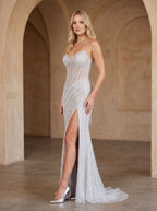 Silver Satin Mermaid V-Neck Lace-up Floor-Length Dress with Beaded Bodice - Curvevia