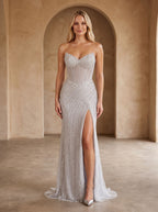 Silver Satin Mermaid V-Neck Lace-up Floor-Length Dress with Beaded Bodice - Curvevia