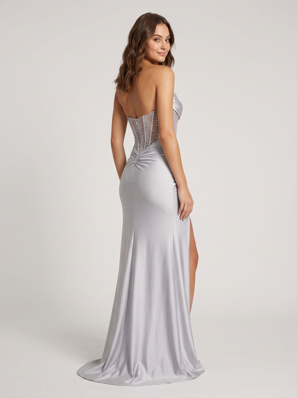 Silver Satin Sheath Straight Neck Corset Back Floor-Length Dress with Rhinestones & Slit - Curvevia