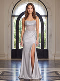 Silver Satin Sheath Straight Neck Corset Back Floor-Length Dress with Rhinestones & Slit - Curvevia