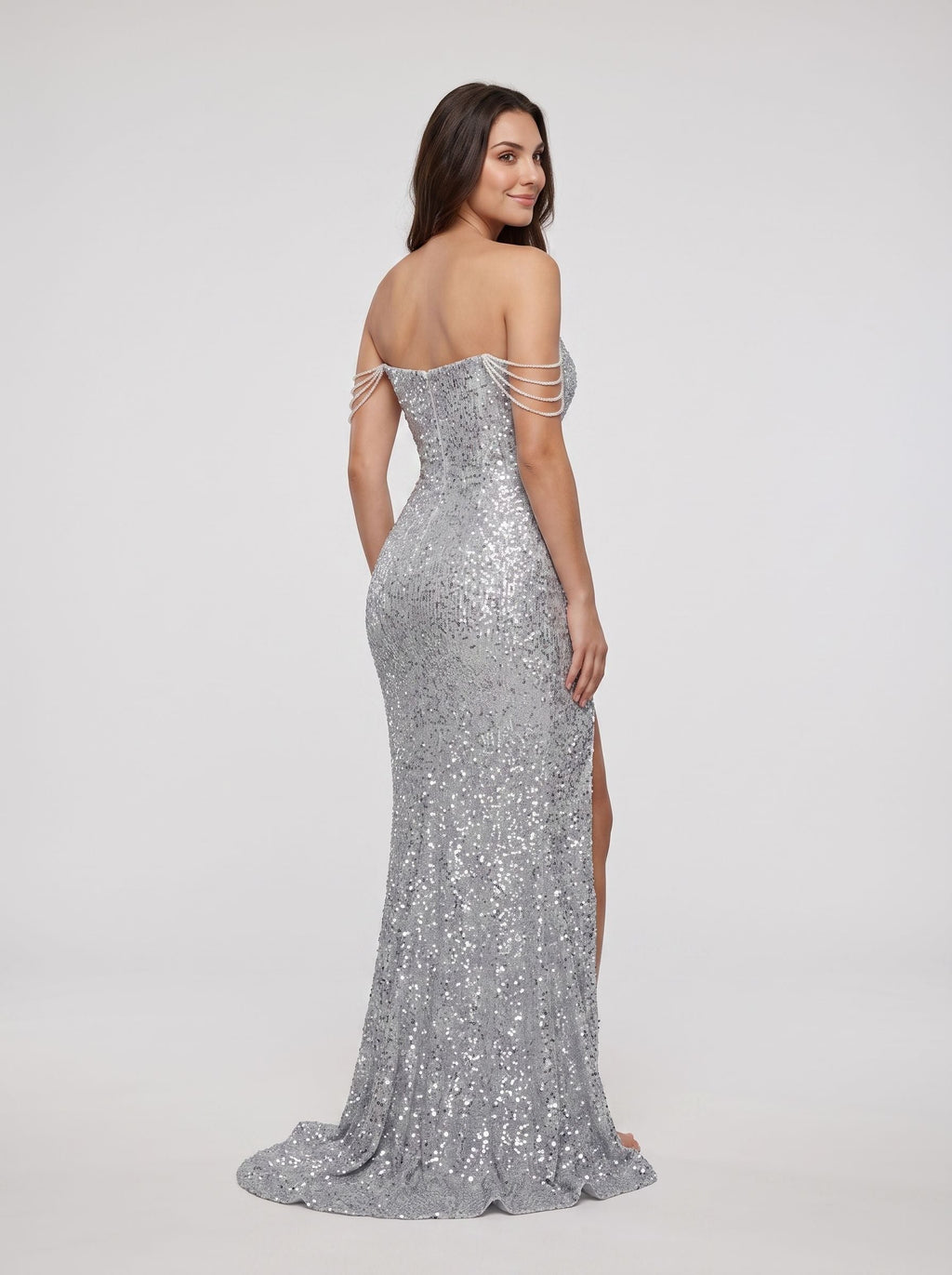 Silver Sequins Sheath Off-the-Shoulder Back Zip Floor-Length Dress with High Side Slit - Curvevia