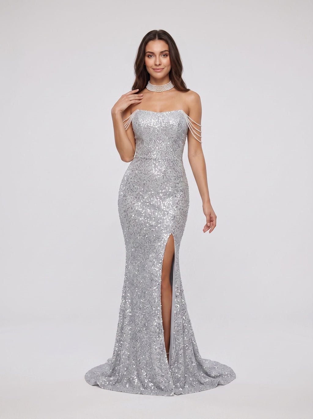 Silver Sequins Sheath Off-the-Shoulder Back Zip Floor-Length Dress with High Side Slit - Curvevia