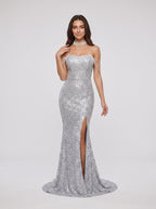 Silver Sequins Sheath Off-the-Shoulder Back Zip Floor-Length Dress with High Side Slit - Curvevia