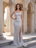 Silver Sequins Sheath Off-the-Shoulder Back Zip Floor-Length Dress with High Side Slit - Curvevia