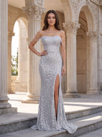 Silver Sequins Sheath Off-the-Shoulder Back Zip Floor-Length Dress with High Side Slit - Curvevia