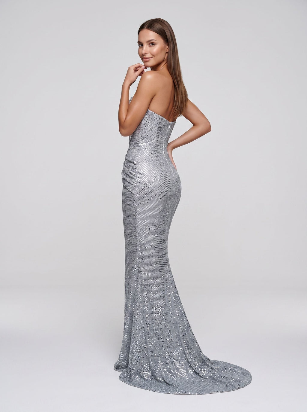 Silver Sequins Sheath V-Neck Corset Back Floor-Length Dress with metallic shimmer - Curvevia