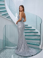 Silver Sequins Sheath V-Neck Corset Back Floor-Length Dress with metallic shimmer - Curvevia