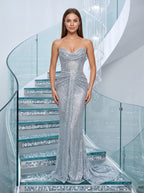 Silver Sequins Sheath V-Neck Corset Back Floor-Length Dress with metallic shimmer - Curvevia