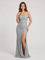 Silver Sequins Mermaid Off-the-Shoulder Lace-up Floor-Length Dress with Split Front - Curvevia