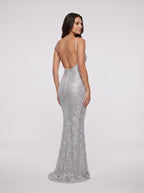 Silver Sequins Sheath Scoop Neck Backless Floor-Length Dress with Spaghetti Straps - Curvevia
