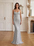 Silver Sequins Sheath Scoop Neck Backless Floor-Length Dress with Spaghetti Straps - Curvevia