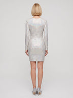 Silver Sequins Sheath V-Neck Back Zip Short Dress with ruched waist and front slit - Curvevia