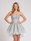 Silver Tulle A-Line Sweetheart Lace-up Short Dress with Rhinestones - Curvevia